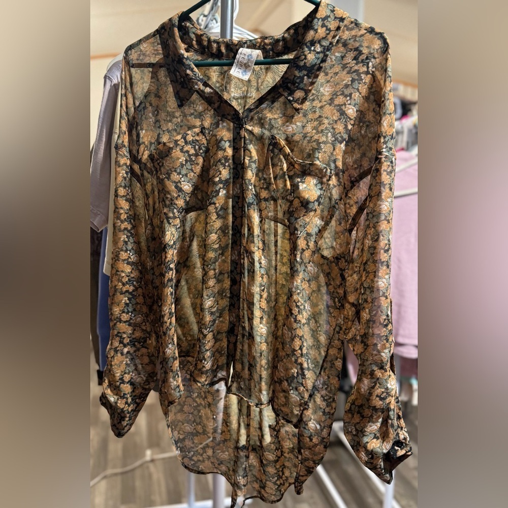 Free People Floral Sheer Black and Tan Women's Top *flaw*